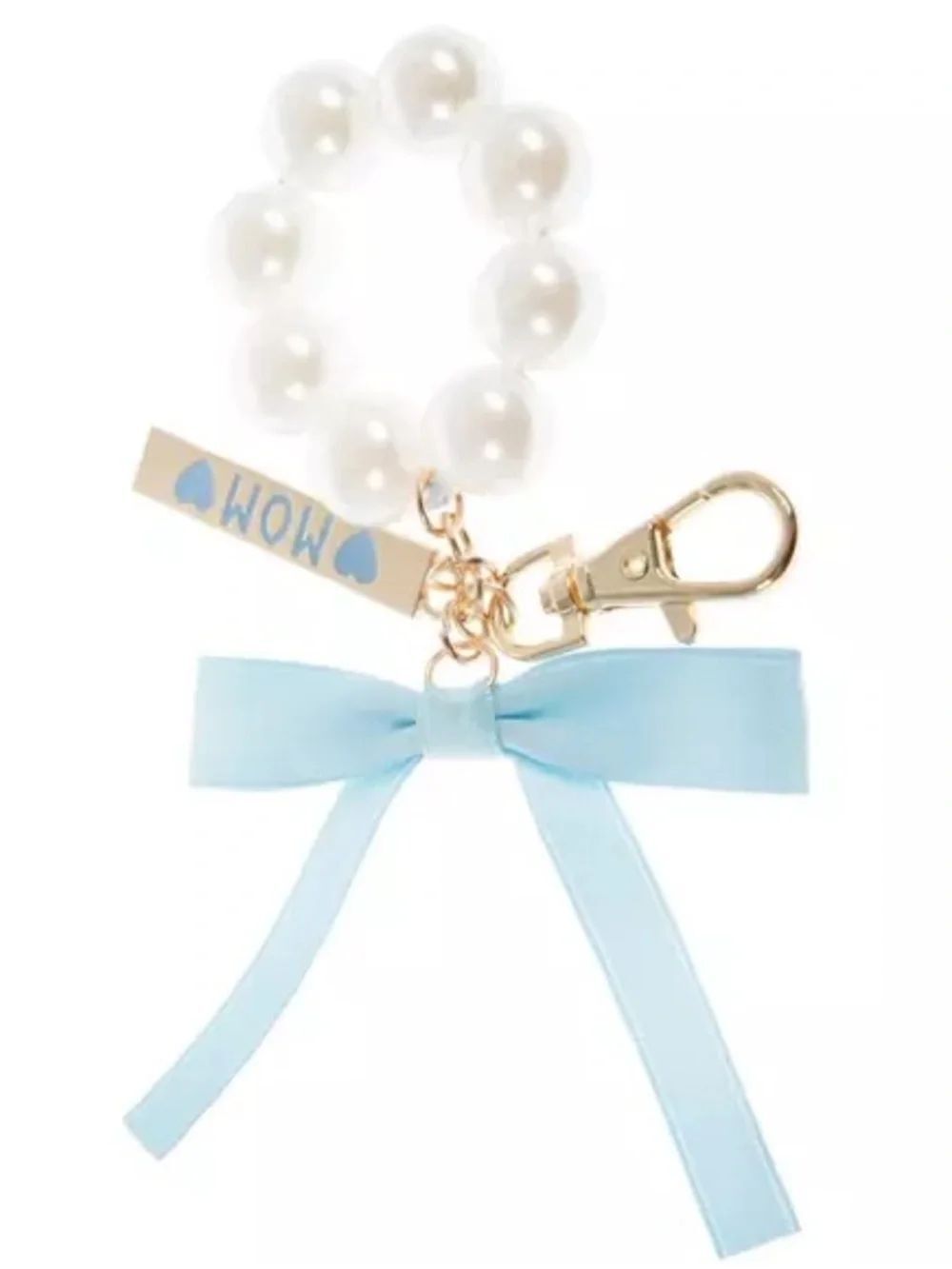 New Pearl Beaded 'MOM' Keyring with Light Blue Bow Bag Charm